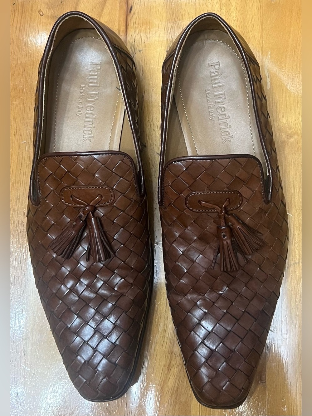 Paul Fredrick Woven Leather Tassel Slip-On Loafers in Brown, Size 9/42.